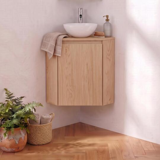 Meuble lave-mains d'angle décor chêne 52x38cm - avec vasque