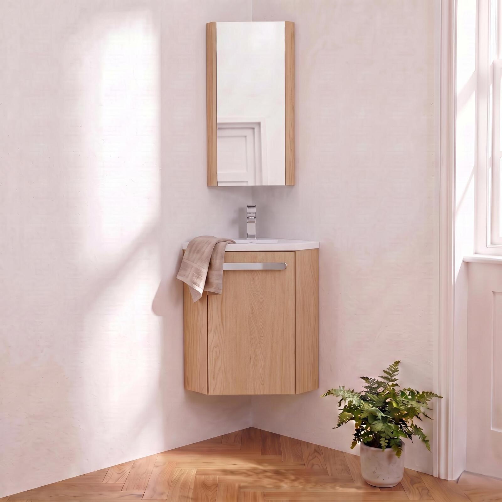Ensemble lave-mains angle suspendu avec robinet et armoire d'angle décor chêne