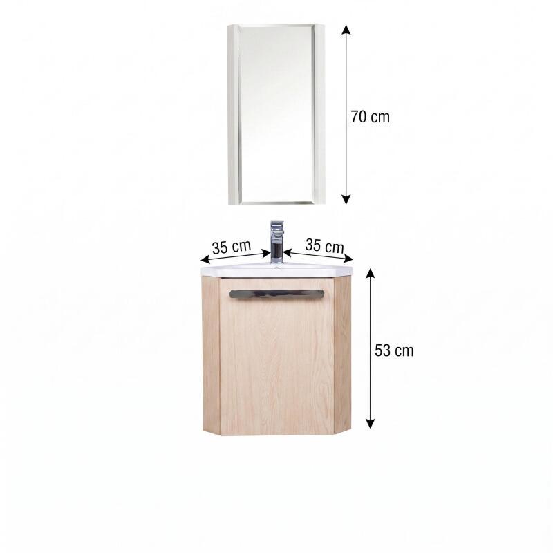 Ensemble lave-mains angle suspendu avec robinet et armoire d'angle décor chêne