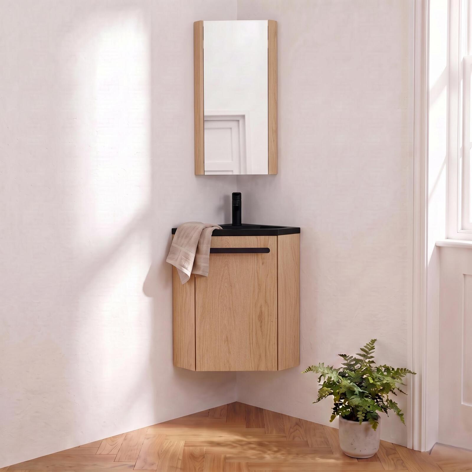 Ensemble lave-mains angle suspendu avec robinet et armoire d'angle décor chêne