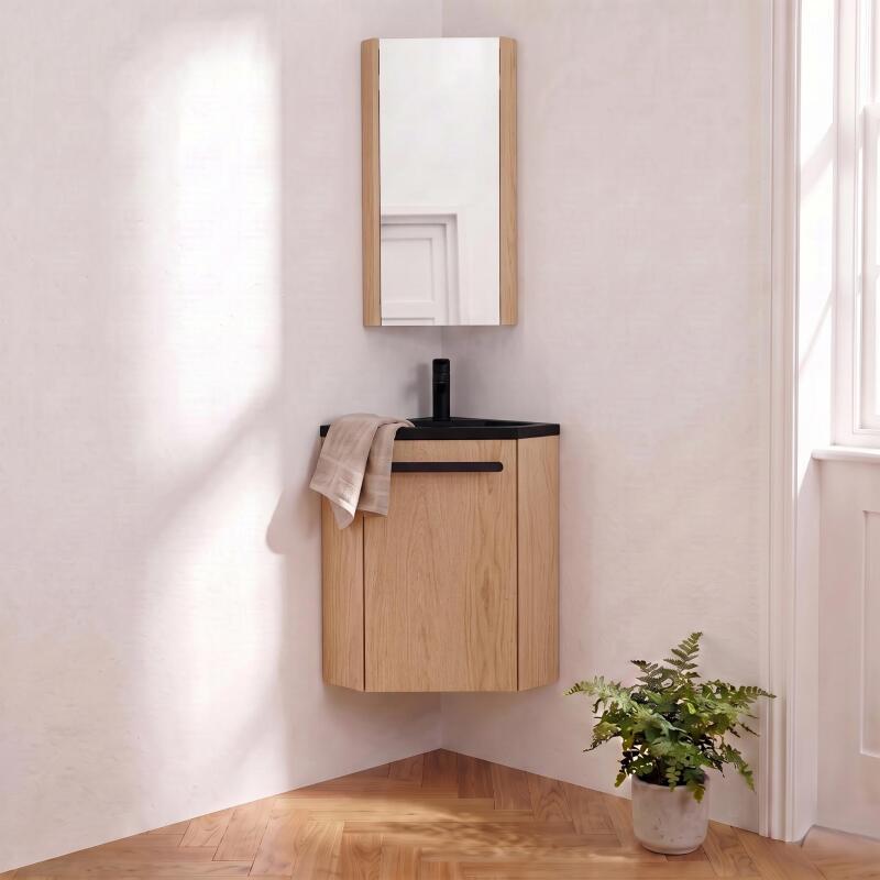 Ensemble lave-mains angle suspendu avec robinet et armoire d'angle décor chêne