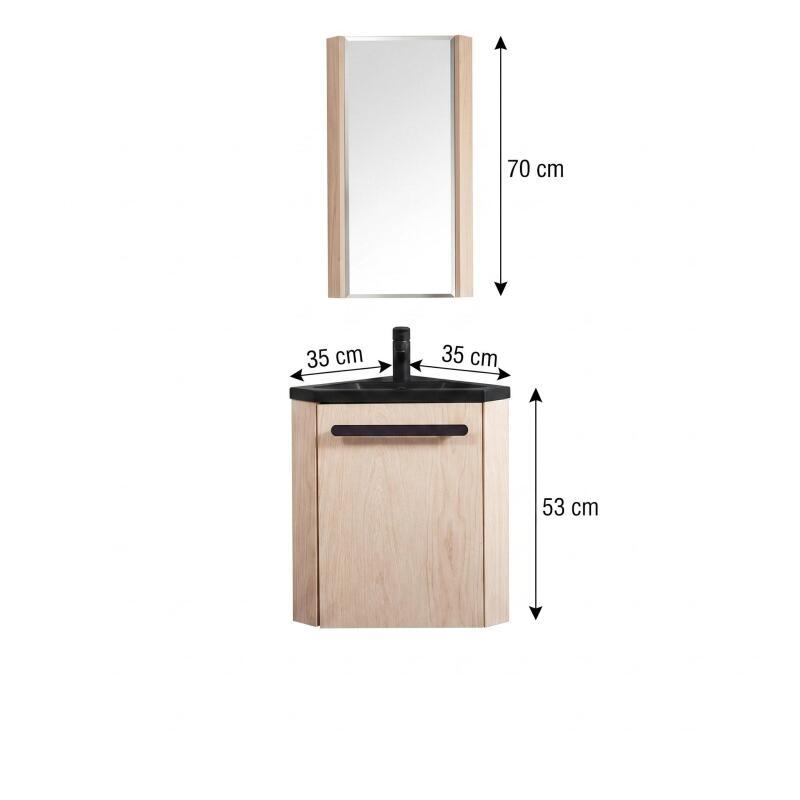 Ensemble lave-mains angle suspendu avec robinet et armoire d'angle décor chêne