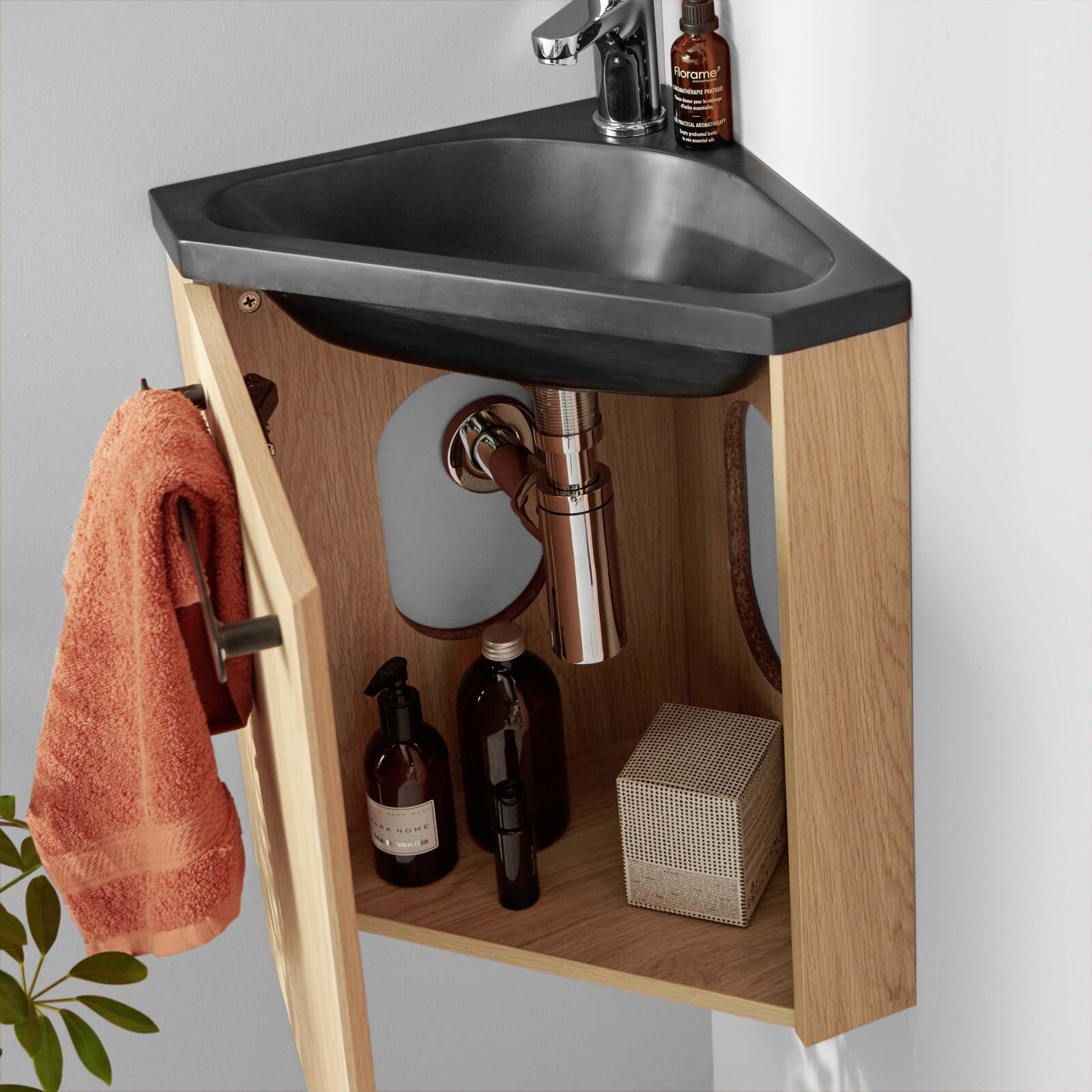 Ensemble lave-mains angle suspendu avec robinet et armoire d'angle décor chêne