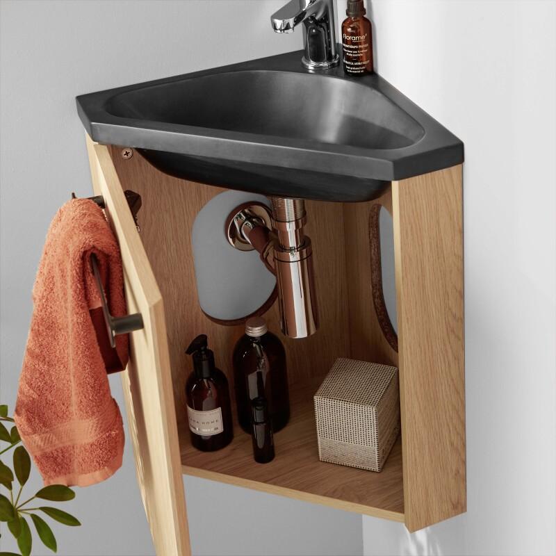 Ensemble lave-mains angle suspendu avec robinet et armoire d'angle décor chêne