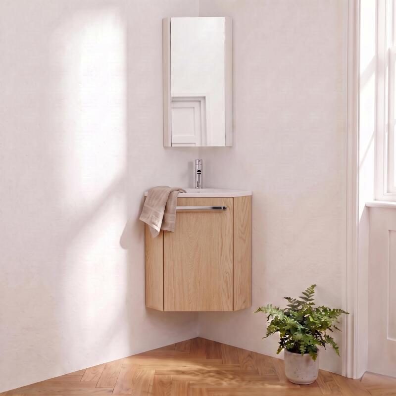 Ensemble lave-mains angle suspendu avec robinet et armoire d'angle
