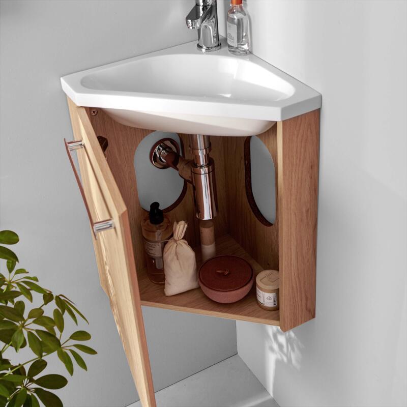 Ensemble lave-mains angle suspendu avec robinet et armoire d'angle