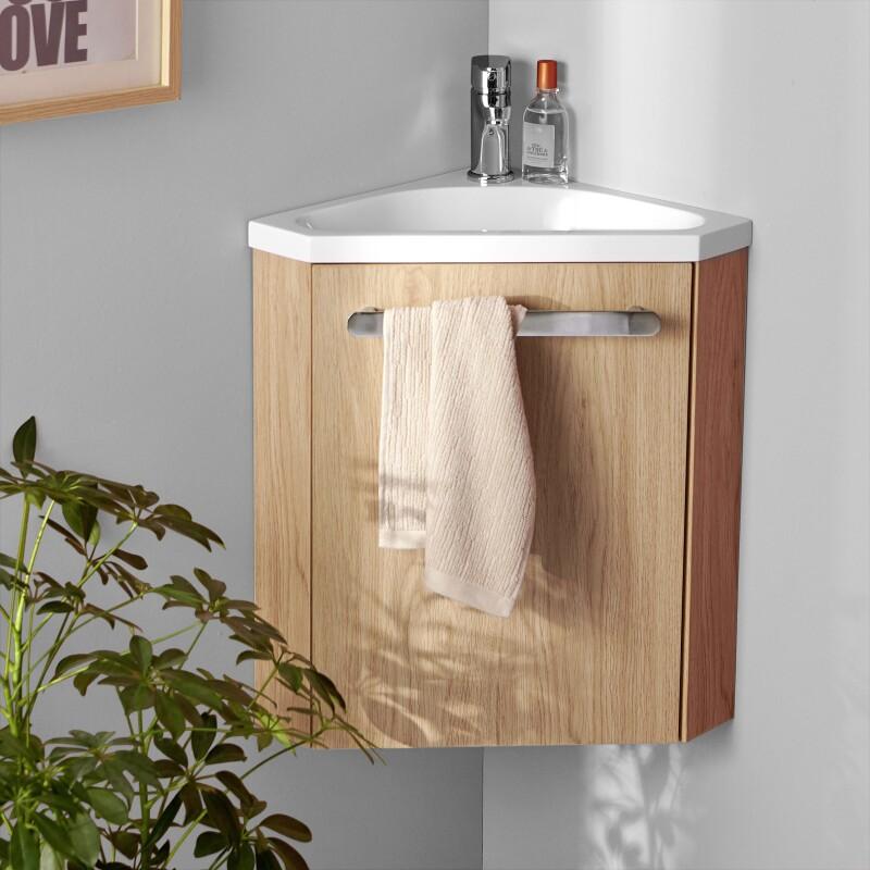 Ensemble lave-mains angle suspendu avec robinet et armoire d'angle