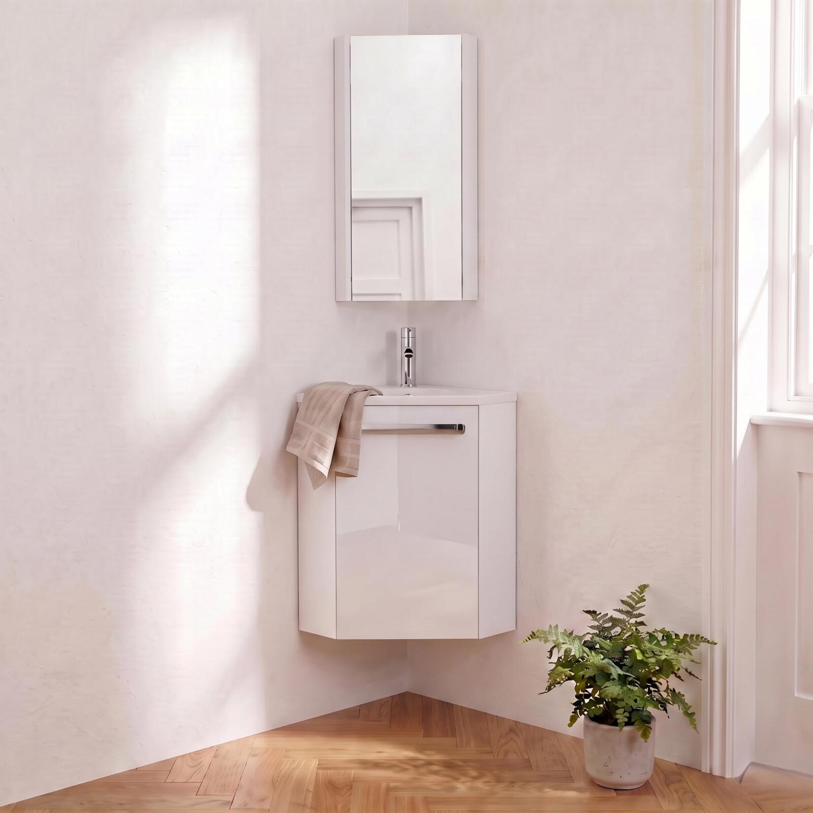 Ensemble lave-mains angle suspendu avec robinet et armoire d'angle