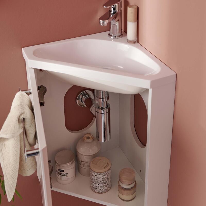 Ensemble lave-mains angle suspendu avec robinet et armoire d'angle