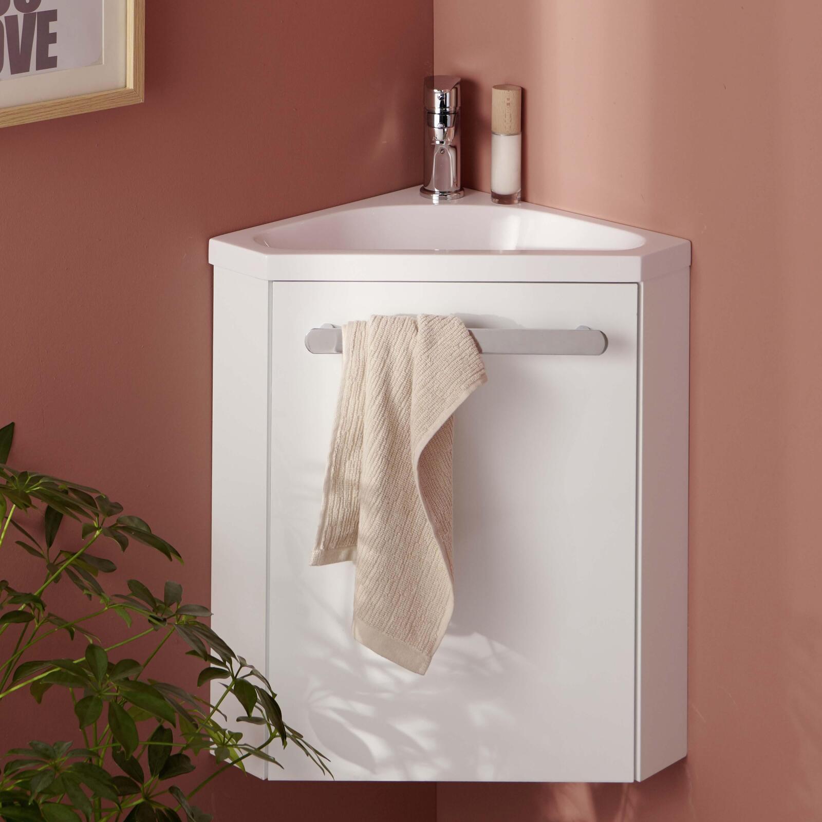 Ensemble lave-mains angle suspendu avec robinet et armoire d'angle