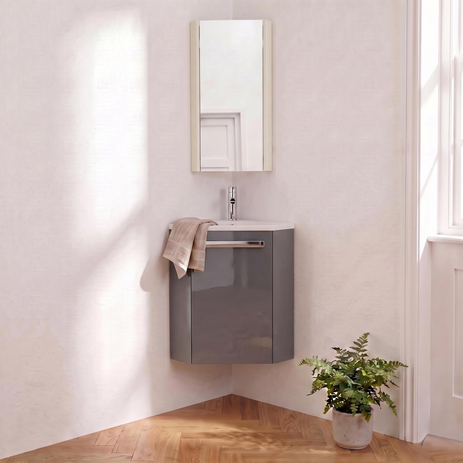 Ensemble lave-mains angle suspendu avec robinet et armoire d'angle