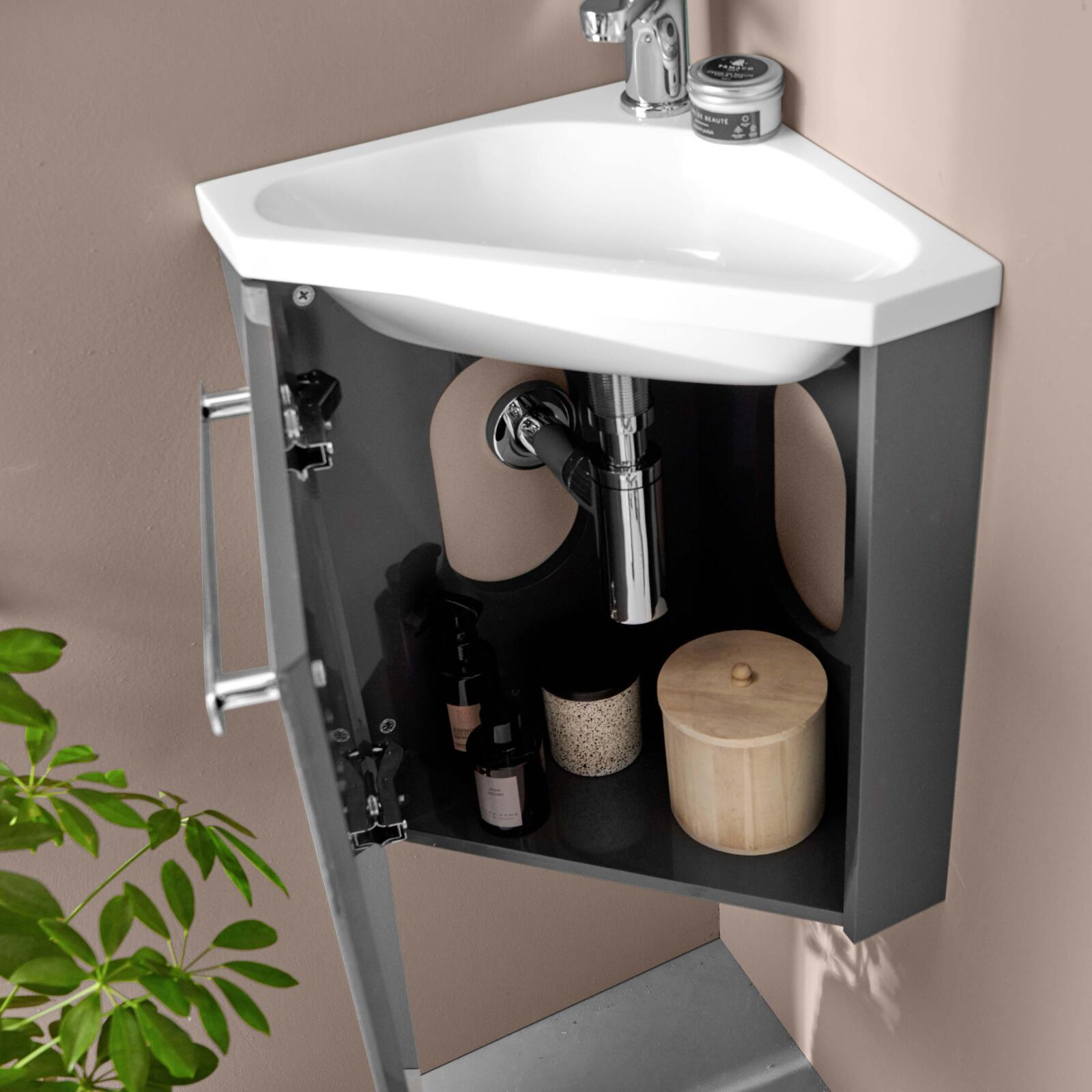 Ensemble lave-mains angle suspendu avec robinet et armoire d'angle