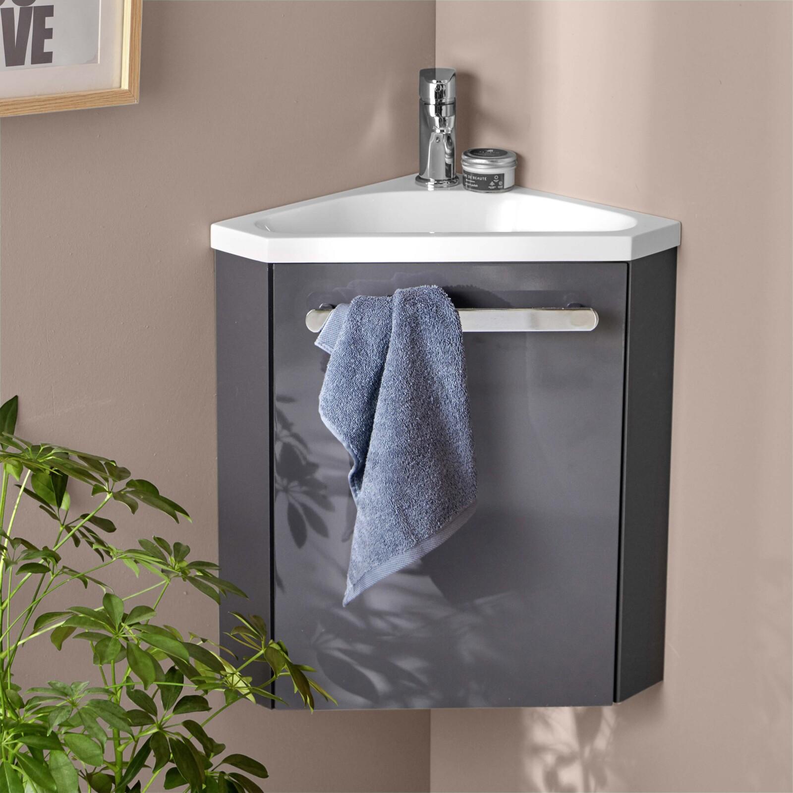 Ensemble lave-mains angle suspendu avec robinet et armoire d'angle