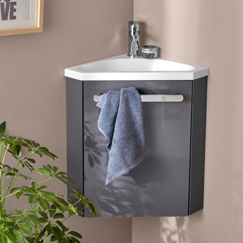 Ensemble lave-mains angle suspendu avec robinet et armoire d'angle