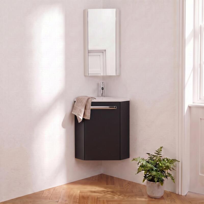 Ensemble lave-mains angle suspendu avec robinet et armoire d'angle