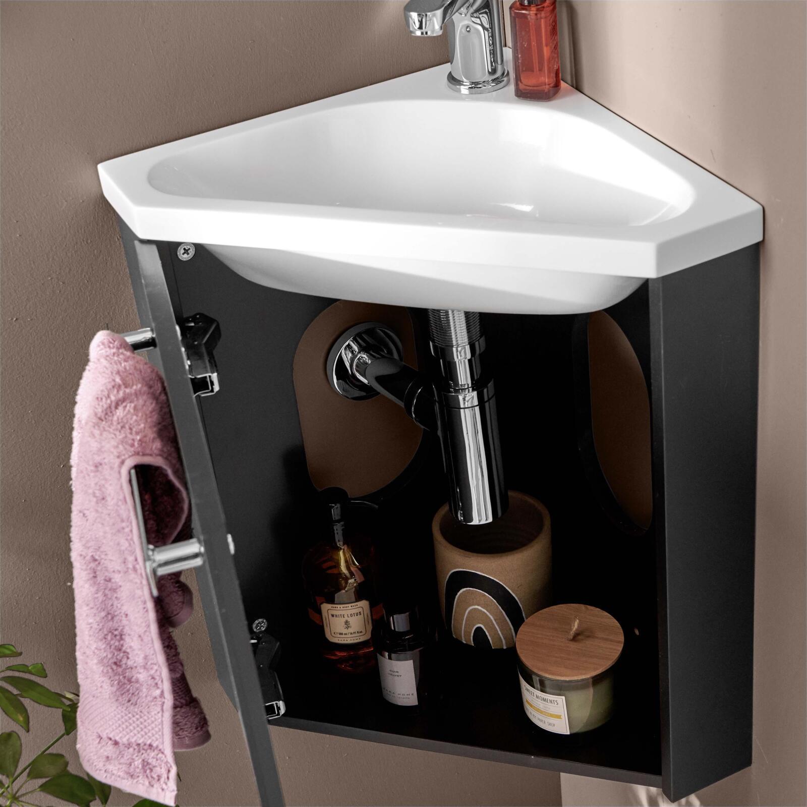 Ensemble lave-mains angle suspendu avec robinet et armoire d'angle