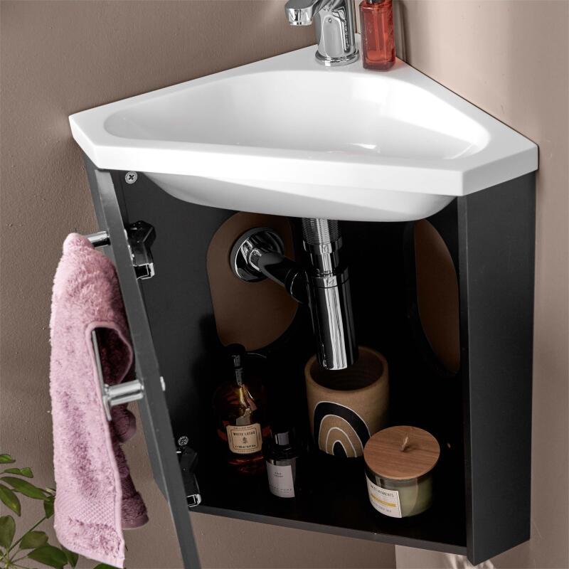 Ensemble lave-mains angle suspendu avec robinet et armoire d'angle