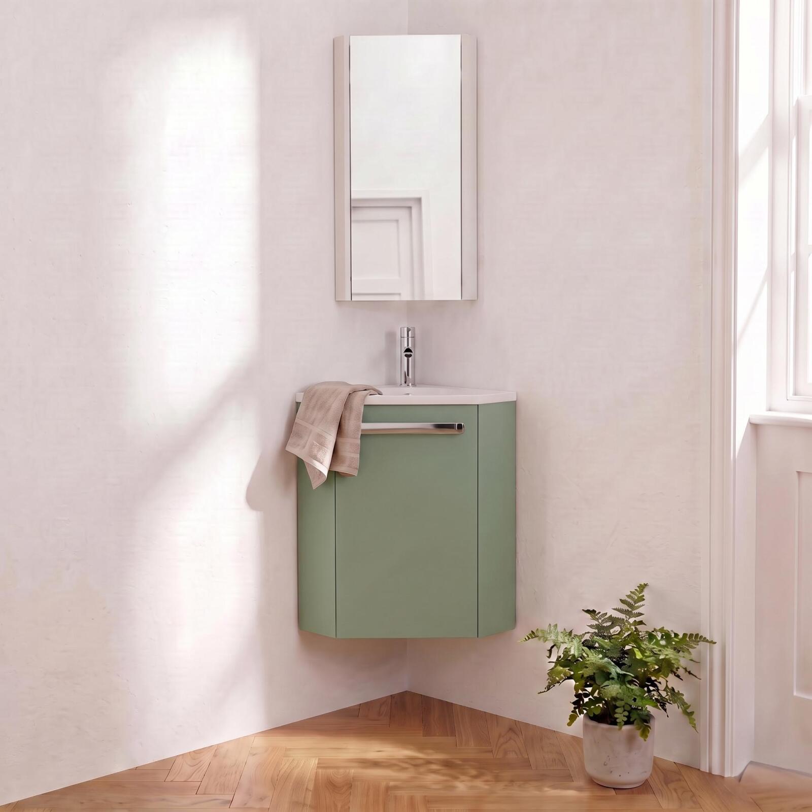 Ensemble lave-mains angle suspendu avec robinet et armoire d'angle
