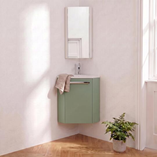 Ensemble lave-mains angle suspendu avec robinet et armoire d'angle