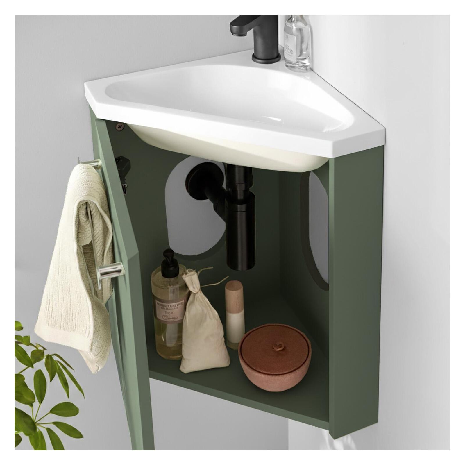 Ensemble lave-mains angle suspendu avec robinet et armoire d'angle