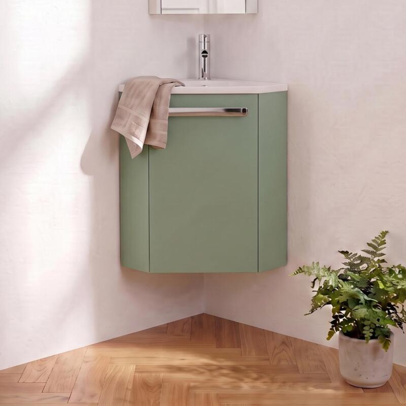 Ensemble lave-mains angle suspendu avec robinet et armoire d'angle