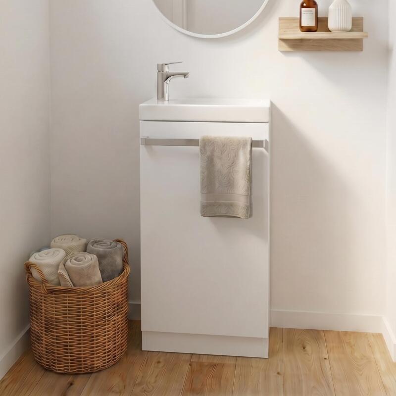 Ensemble lave-mains sur pieds décor chêne avec robinet chromé