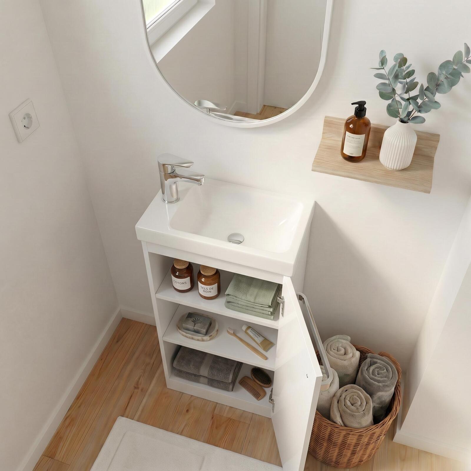 Ensemble lave-mains sur pieds décor chêne avec robinet chromé