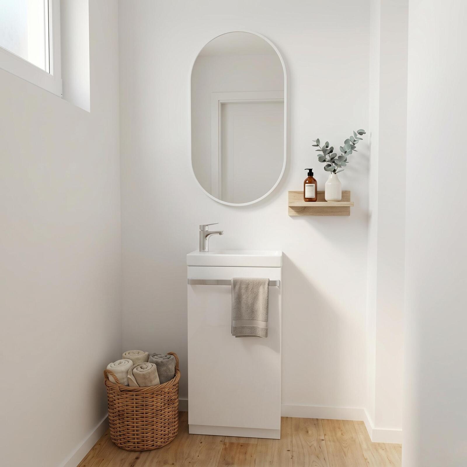 Ensemble lave-mains sur pieds décor chêne avec robinet et miroir