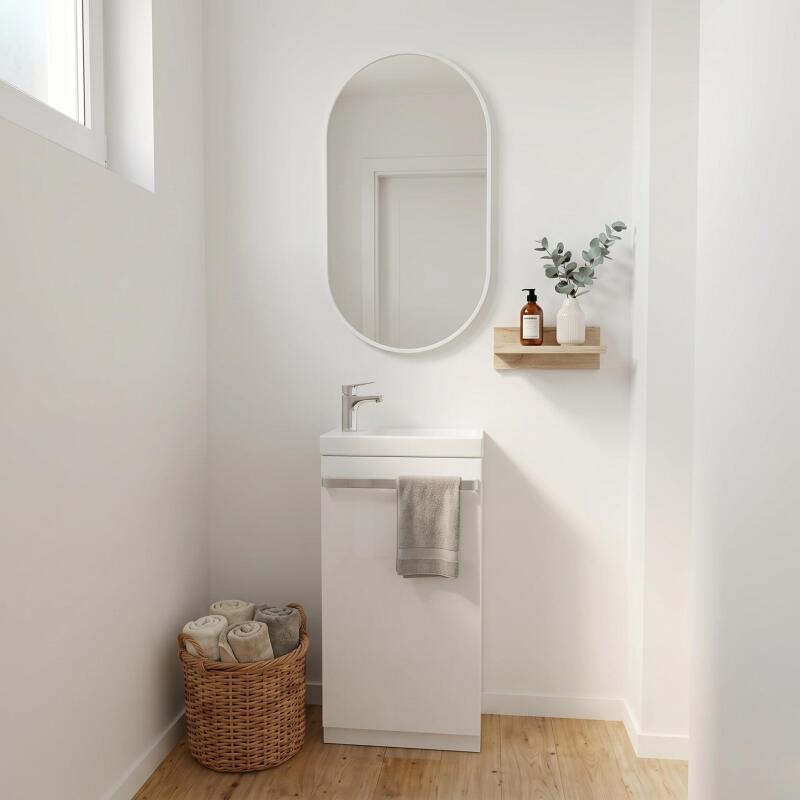 Ensemble lave-mains sur pieds décor chêne avec robinet et miroir