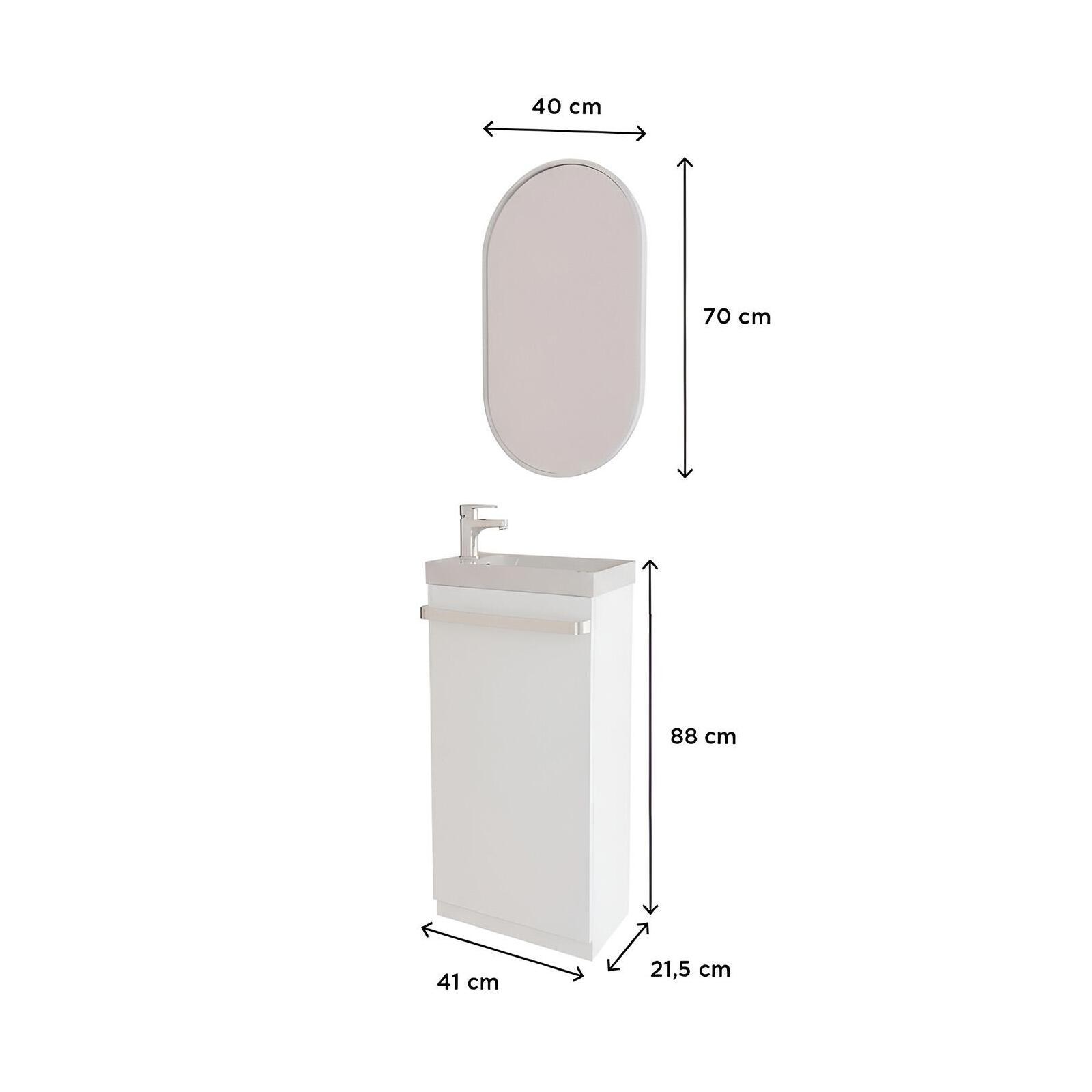 Ensemble lave-mains sur pieds décor chêne avec robinet et miroir