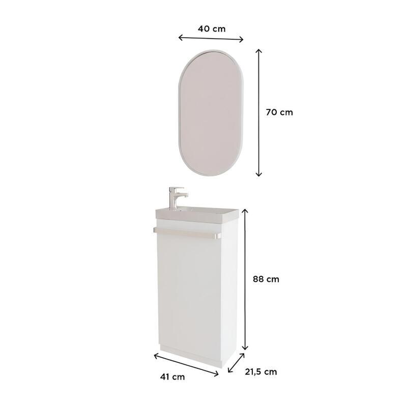 Ensemble lave-mains sur pieds décor chêne avec robinet et miroir