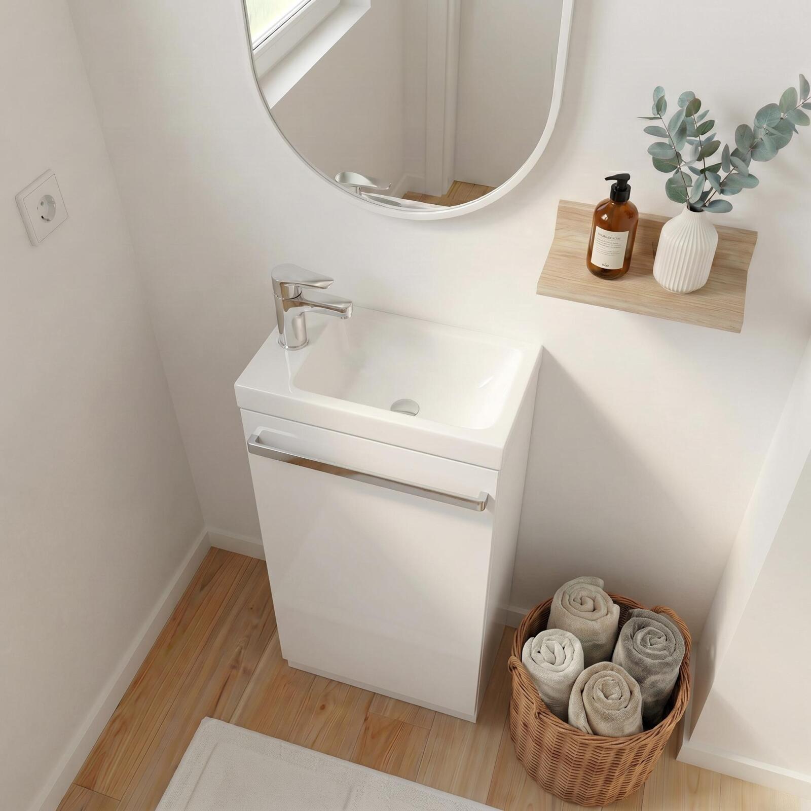 Ensemble lave-mains sur pieds décor chêne avec robinet et miroir