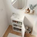 Ensemble lave-mains sur pieds décor chêne avec robinet et miroir