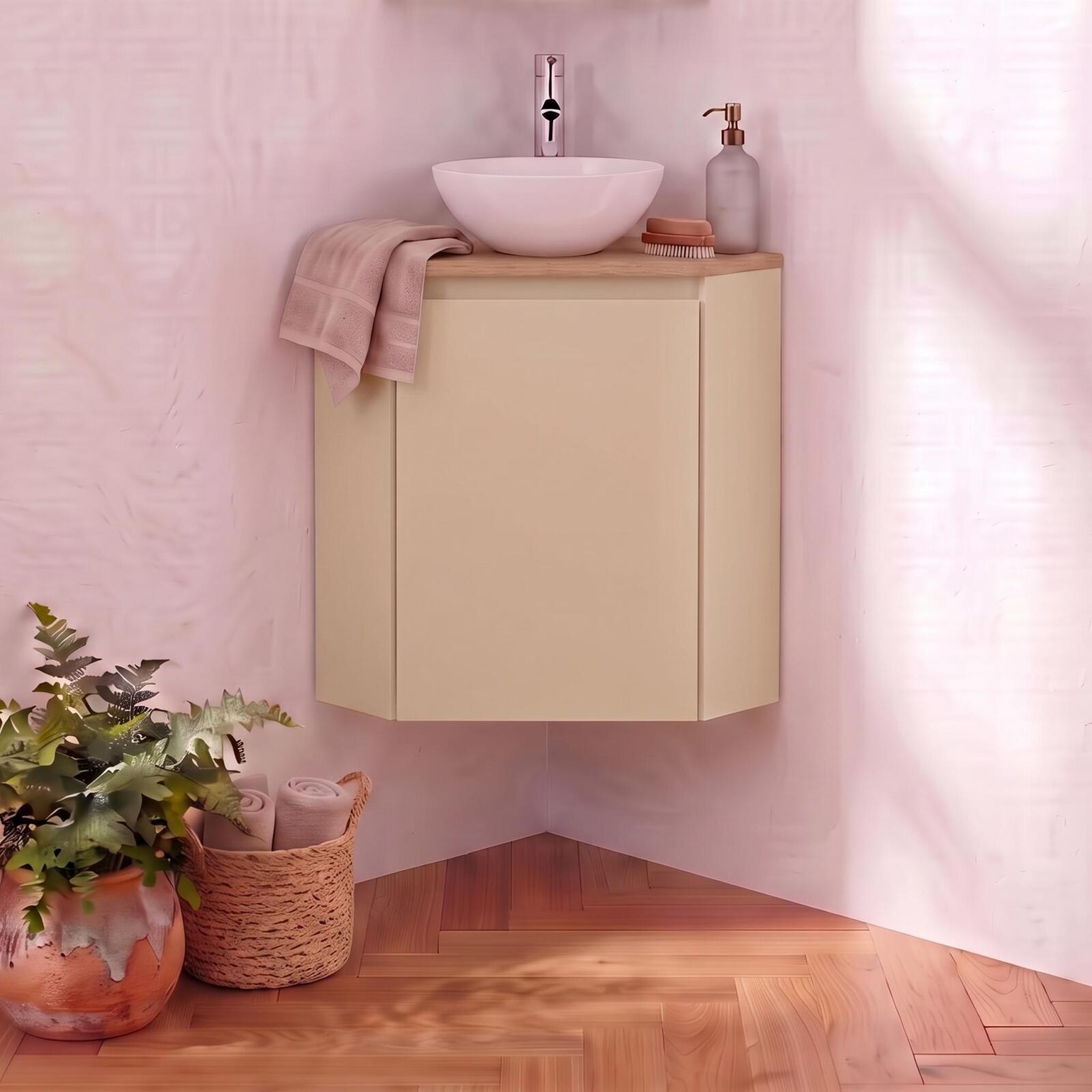 Meuble lave-mains d'angle décor chêne 52x38cm - sans vasque