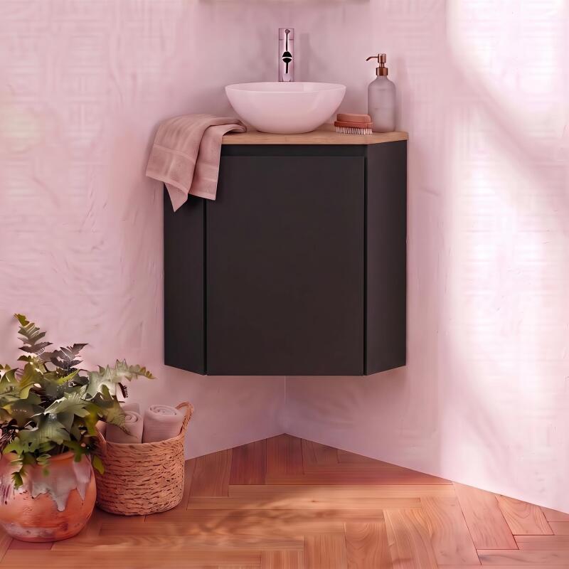 Meuble lave-mains d'angle décor chêne 52x38cm - avec vasque
