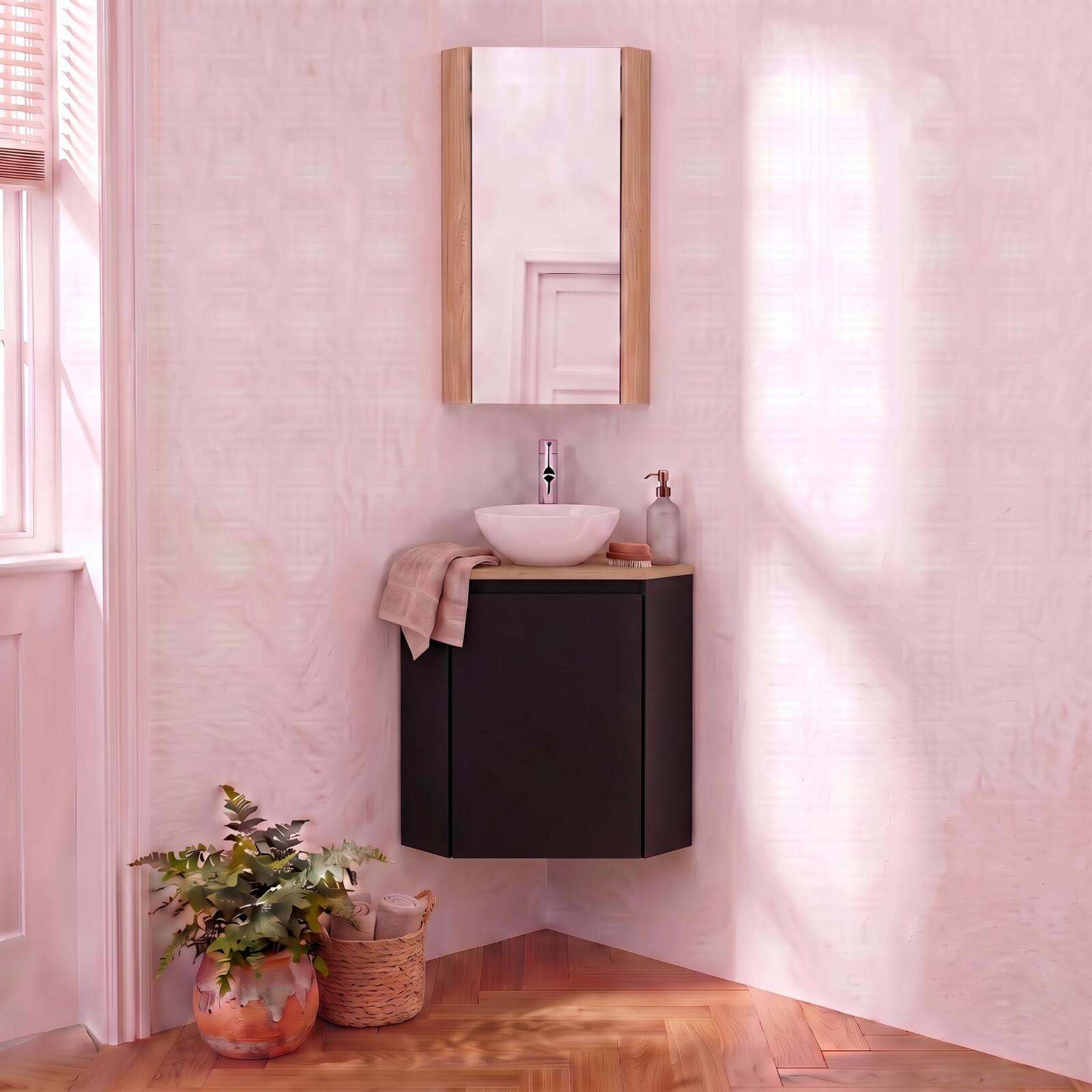 Meuble lave-mains d'angle décor chêne 52x38cm - avec vasque
