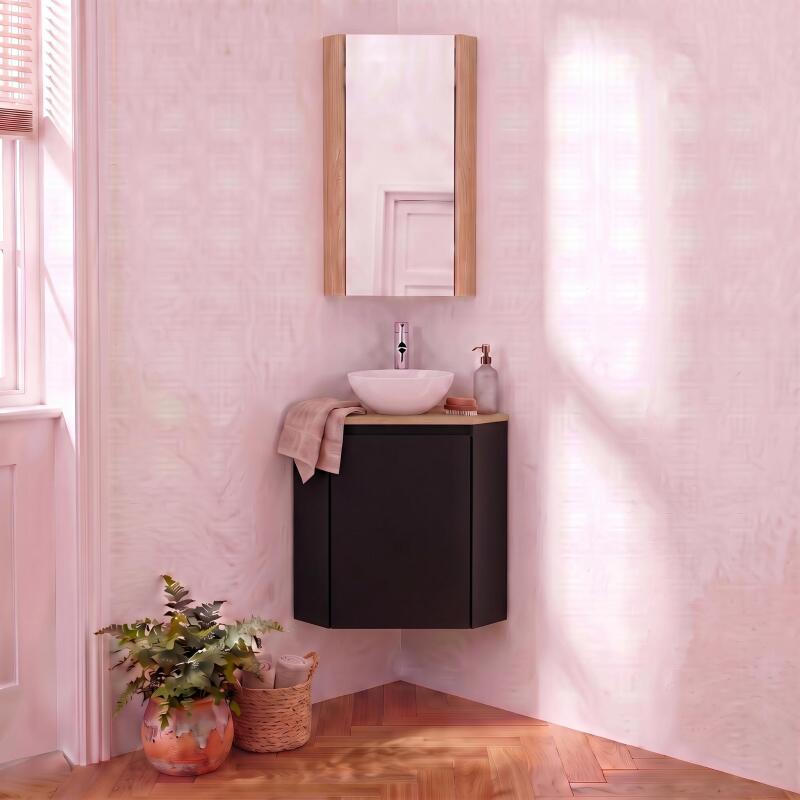 Meuble lave-mains d'angle décor chêne 52x38cm - avec vasque