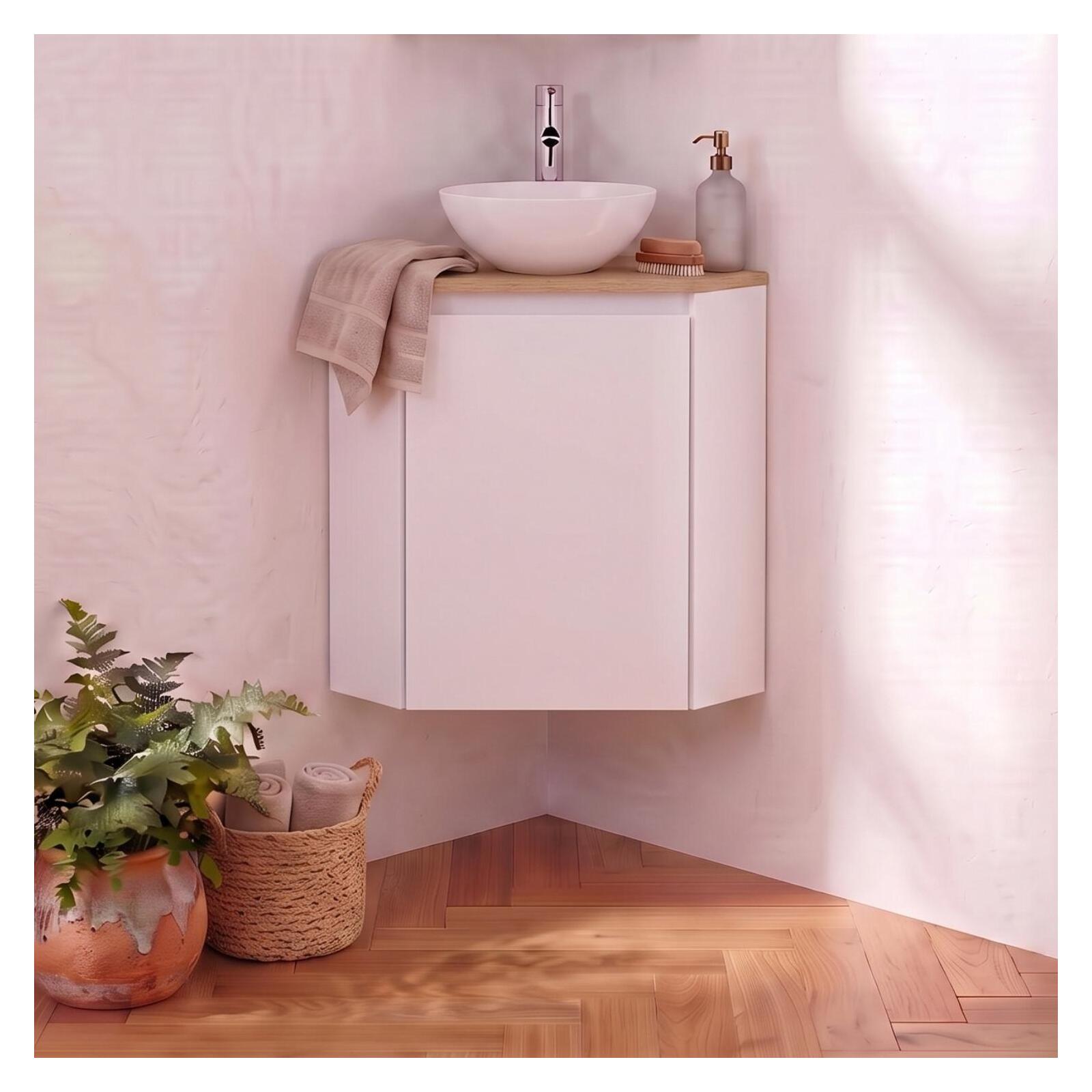 Meuble lave-mains d'angle décor chêne 52x38cm - avec vasque