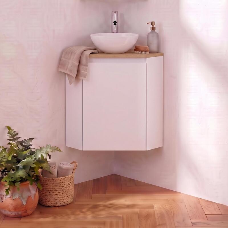 Meuble lave-mains d'angle décor chêne 52x38cm - avec vasque