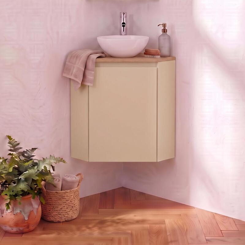 Meuble lave-mains d'angle décor chêne 52x38cm - avec vasque