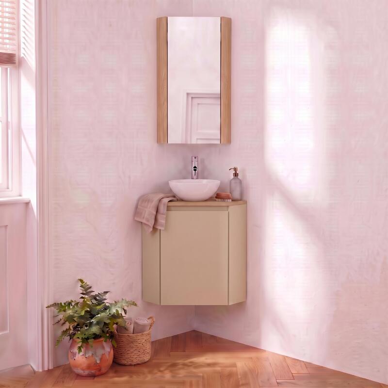Meuble lave-mains d'angle décor chêne 52x38cm - avec vasque