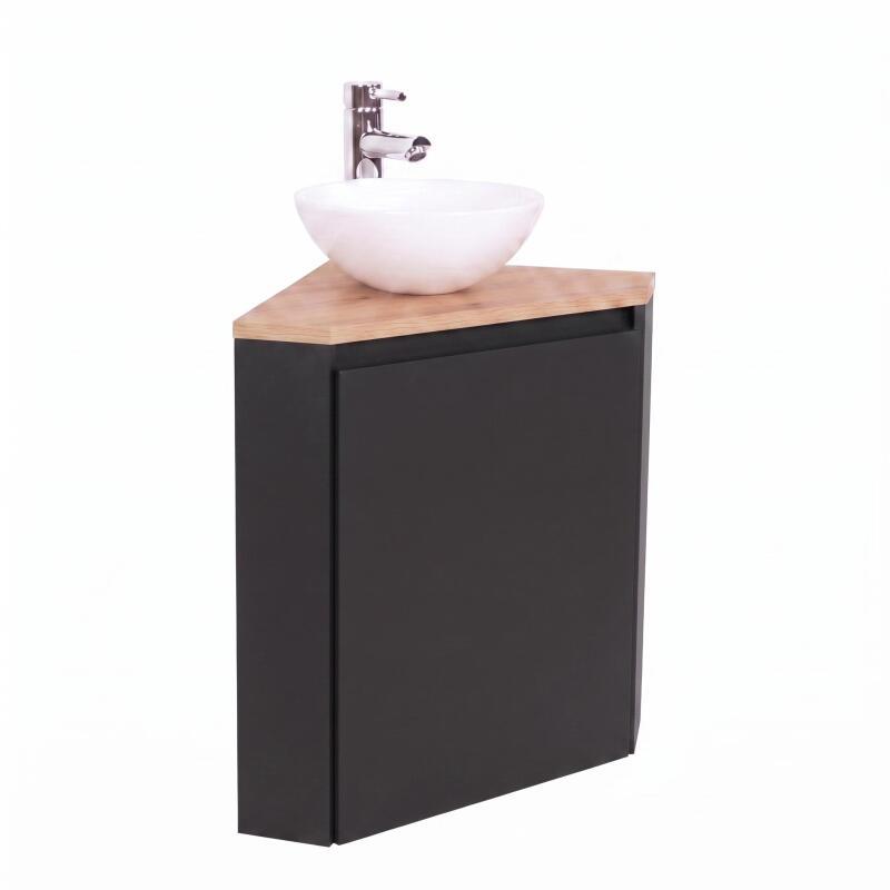 Ensemble lave-mains d'angle décor chêne avec vasque et robinet