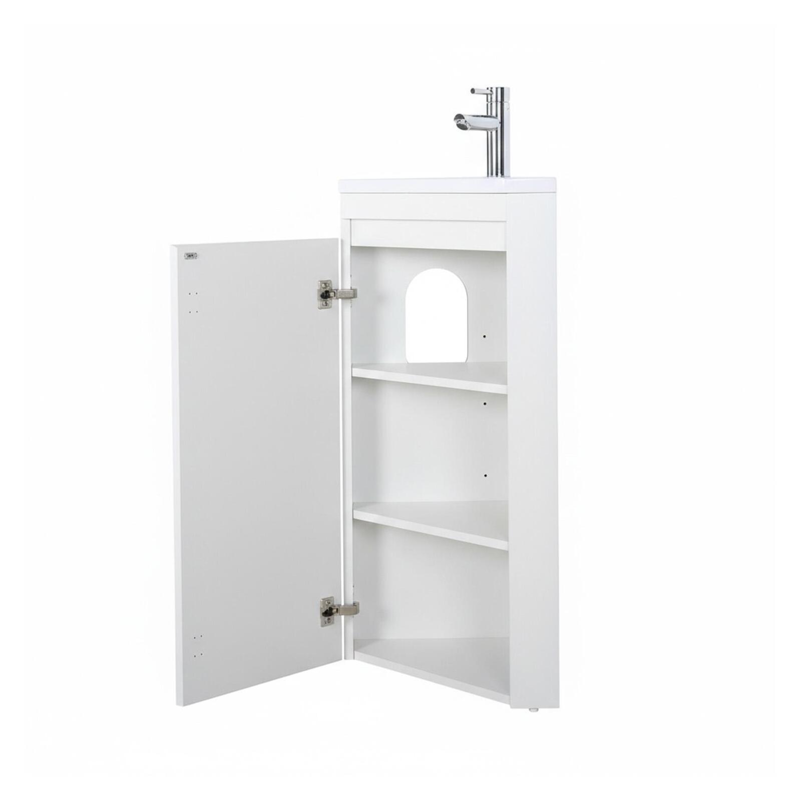 Ensemble lave-mains d'angle sur pieds avec robinet chromé et armoire de toilette