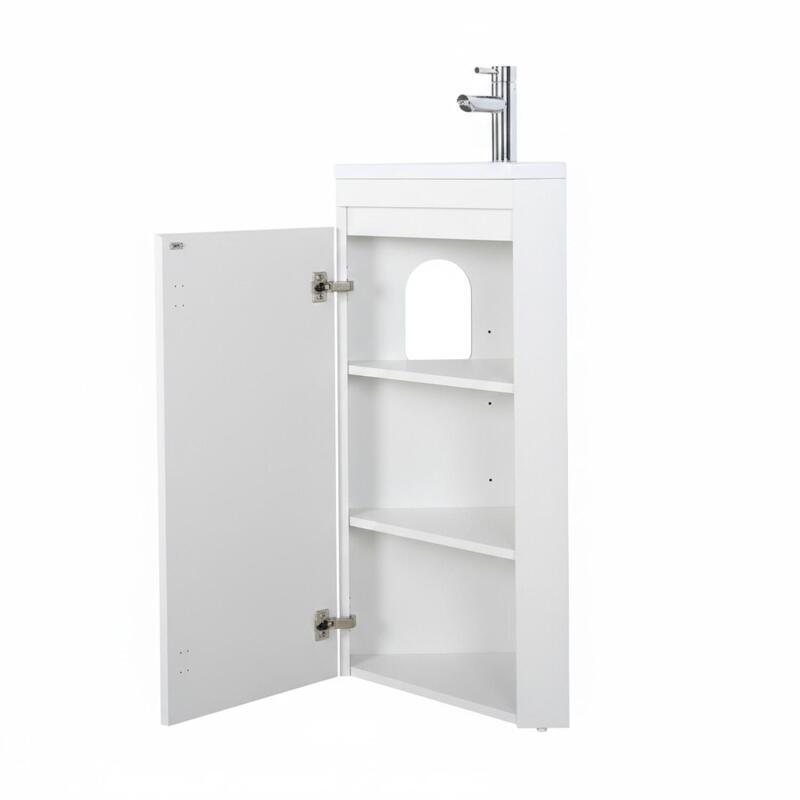 Ensemble lave-mains d'angle sur pieds avec robinet chromé et armoire de toilette