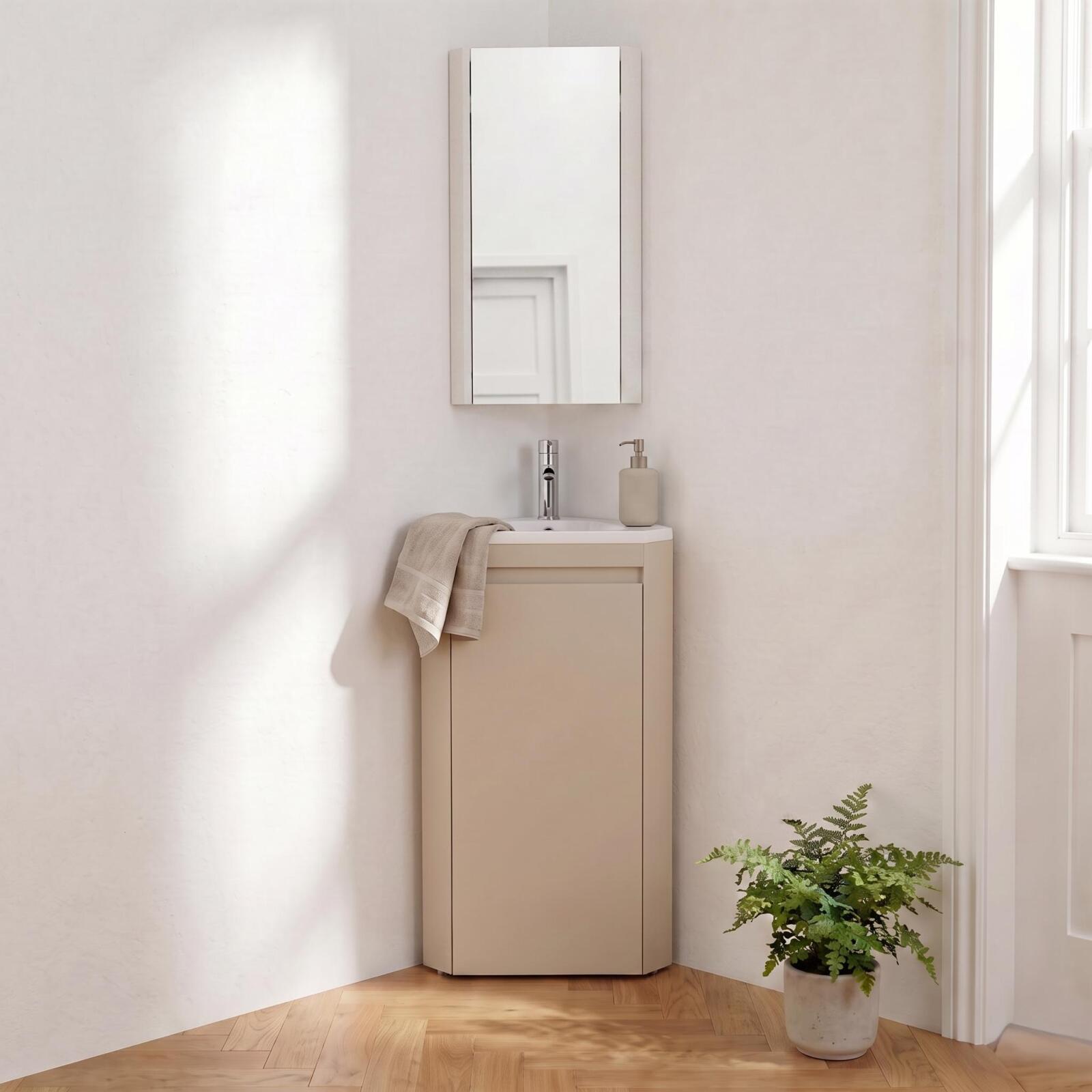 Ensemble lave-mains d'angle sur pieds avec robinet chromé et armoire de toilette