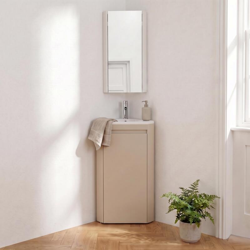 Ensemble lave-mains d'angle sur pieds avec robinet chromé et armoire de toilette