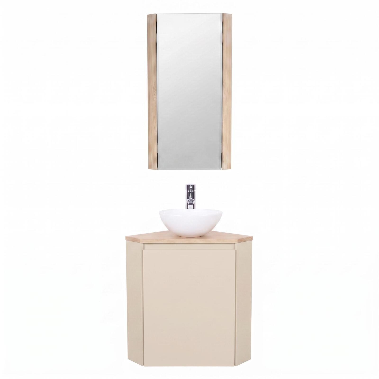 Ensemble lave-mains d'angle avec vasque, robinet et armoire de toilette