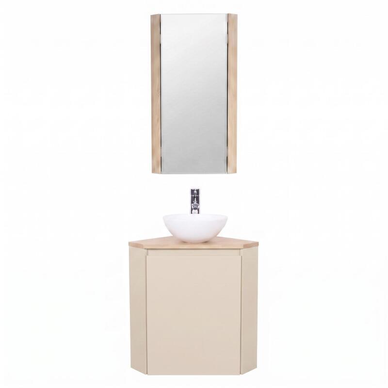 Ensemble lave-mains d'angle avec vasque, robinet et armoire de toilette