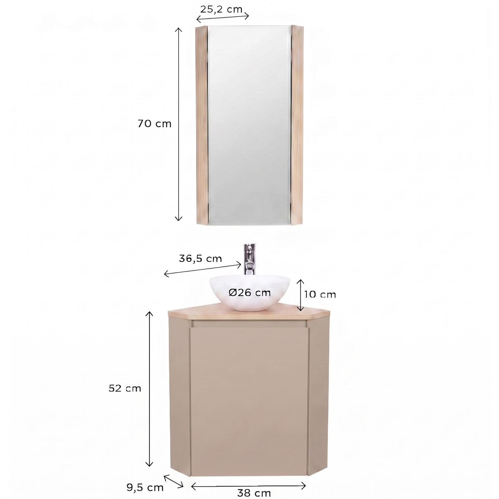 Ensemble lave-mains d'angle avec vasque, robinet et armoire de toilette