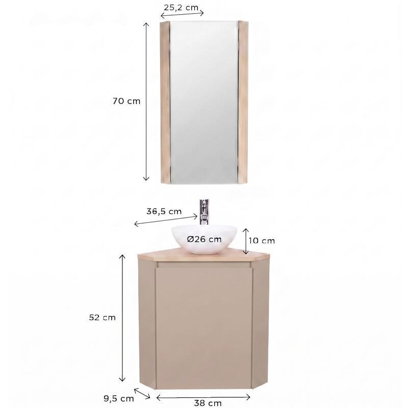 Ensemble lave-mains d'angle avec vasque, robinet et armoire de toilette